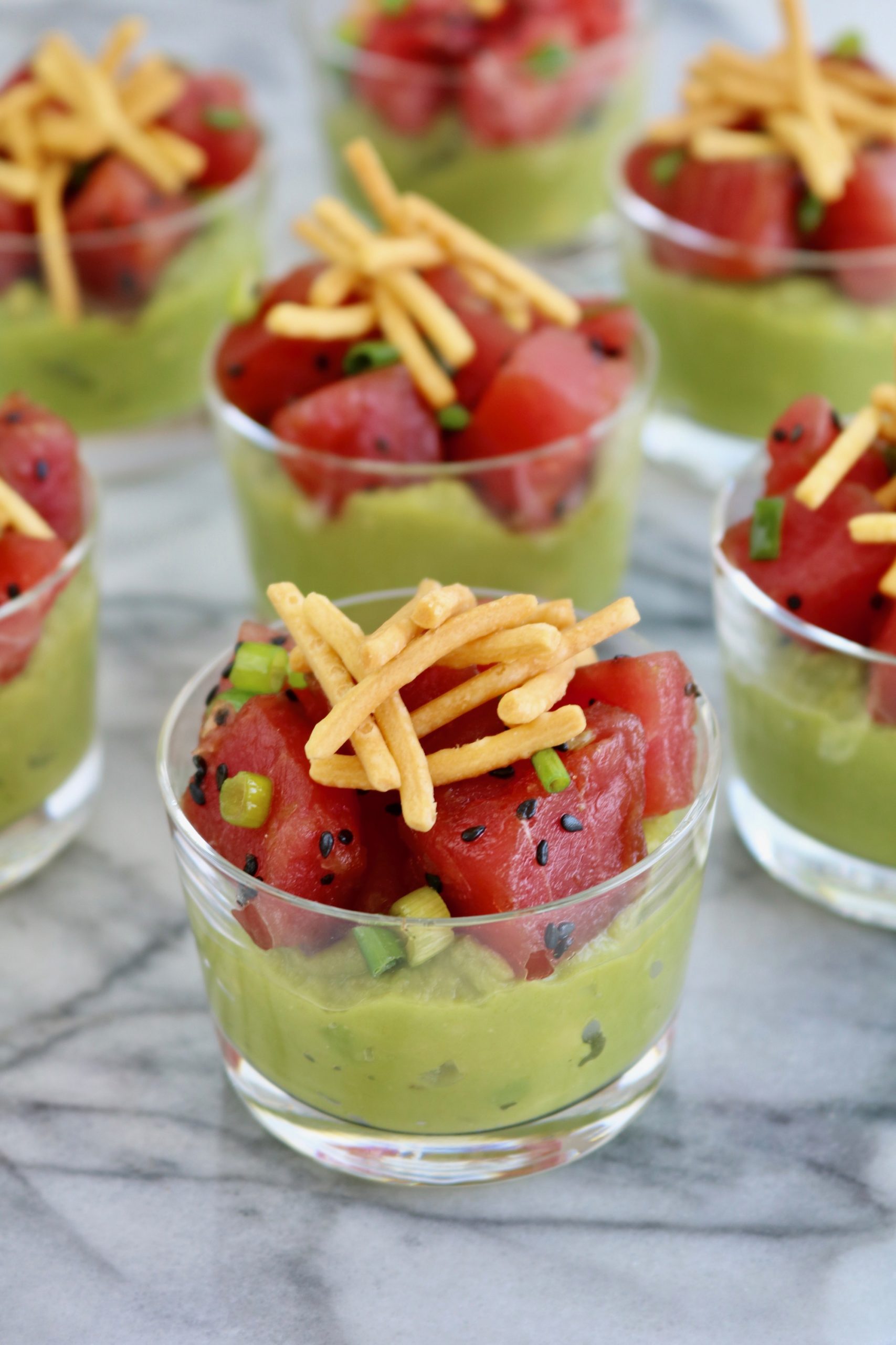 Megamex foods ahi tuna with guacamole in a cup