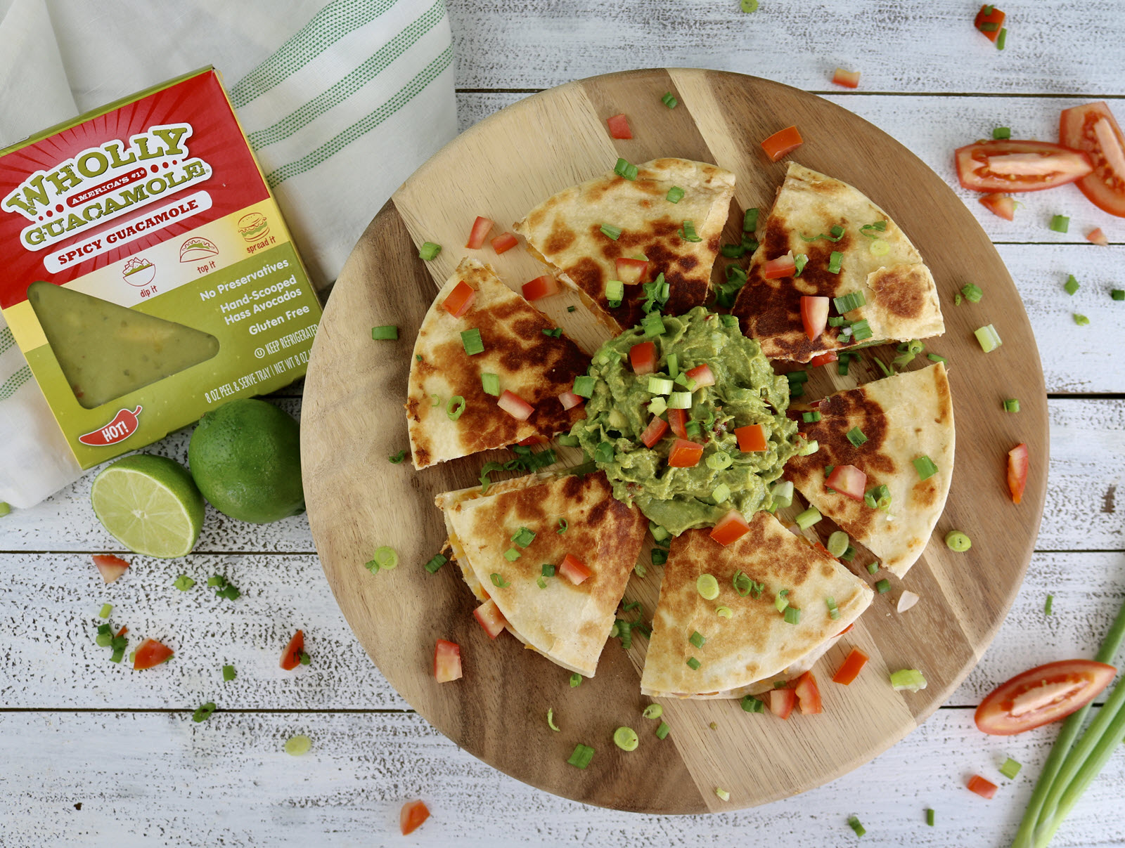 Megamex foods chicken quesadilla with wholly guacamole spicy guacamole.