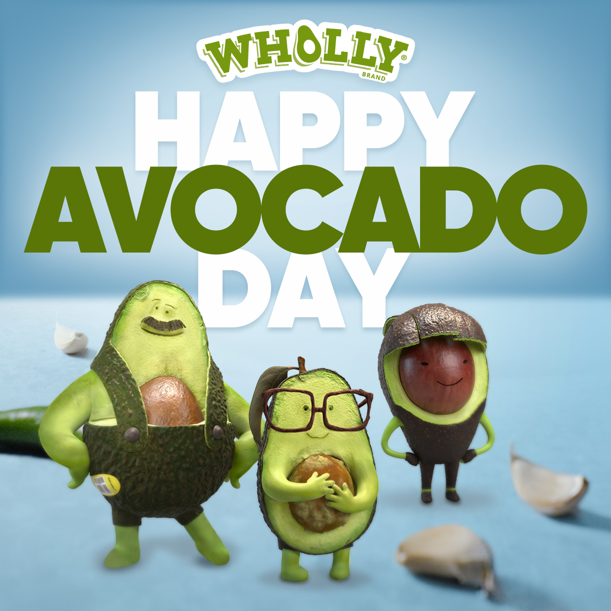 Wholly guacamole happy avocado day with avocado characters.