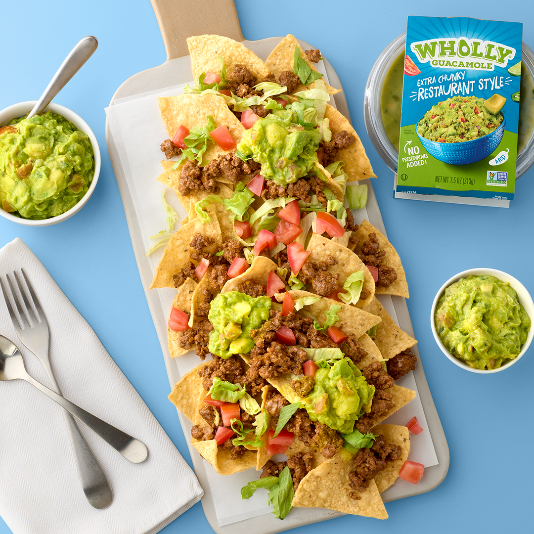 Wholly guacamole nachos with extra chunky restaurant style guacamole.